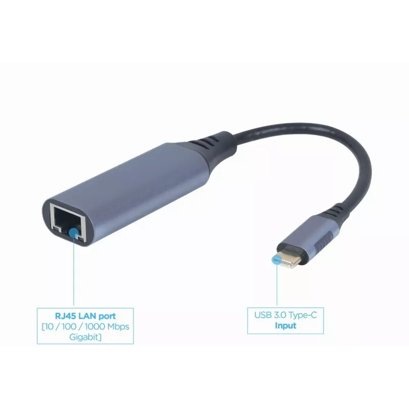 Network adapter Gembird A-USB3C-LAN-01 Type-C USB 3.2 Gen 1, Gigabit RJ-45, 0.15 m cable, metal housing, grey/black
