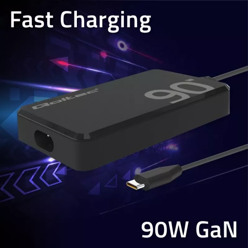 Qoltec 90W GaN Super Fast SLIM Wall Charger | XP | 5-20V | 4.5A | USB-C 3.1 | Laptop | MacBook | Smartphone | + cable