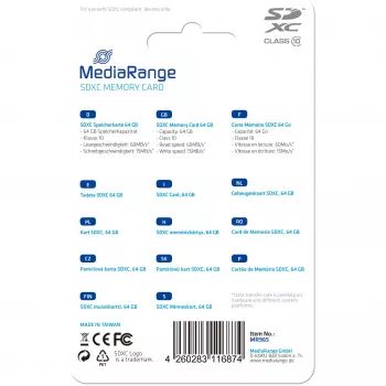 MediaRange - Flash Memory Card - 64GB - Class 10 - SDXC - Blue (MR965)