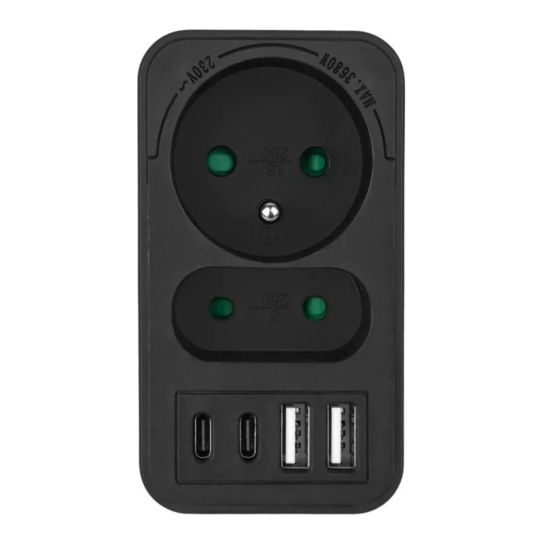 Power splitter MACLEAN MCE249 F/B — 2 AC sockets (16A + 6A) with 2×USB-A and 2×USB-C PD 20W, EU plug, black