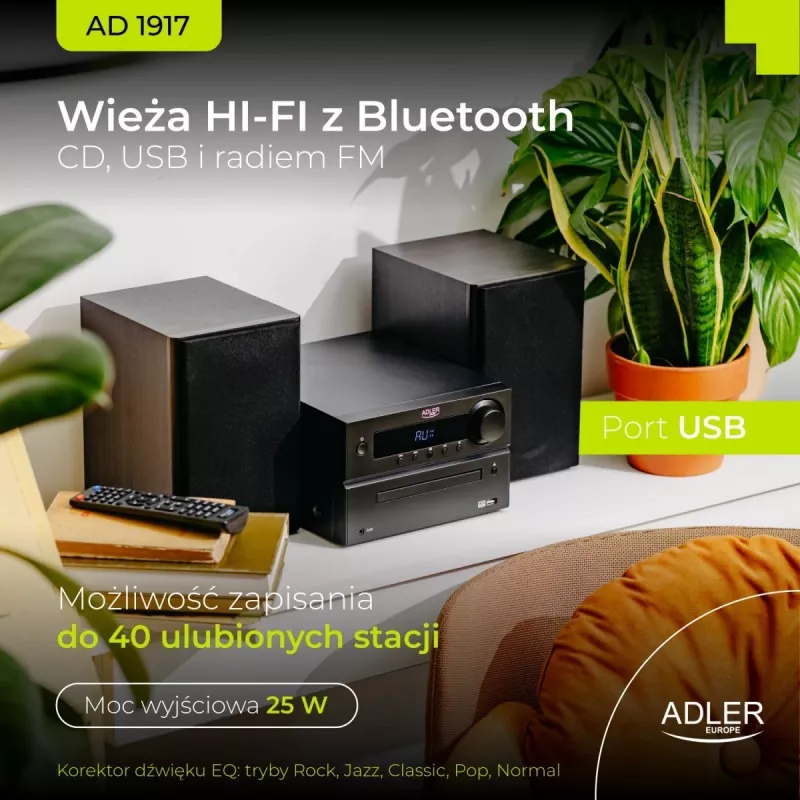 Mini Hi‑Fi Stereo System Adler AD 1917 — Bluetooth V5.3, CD/USB/MP3, 2×25W RMS, FM tuner, 4‑band EQ, AUX, Black