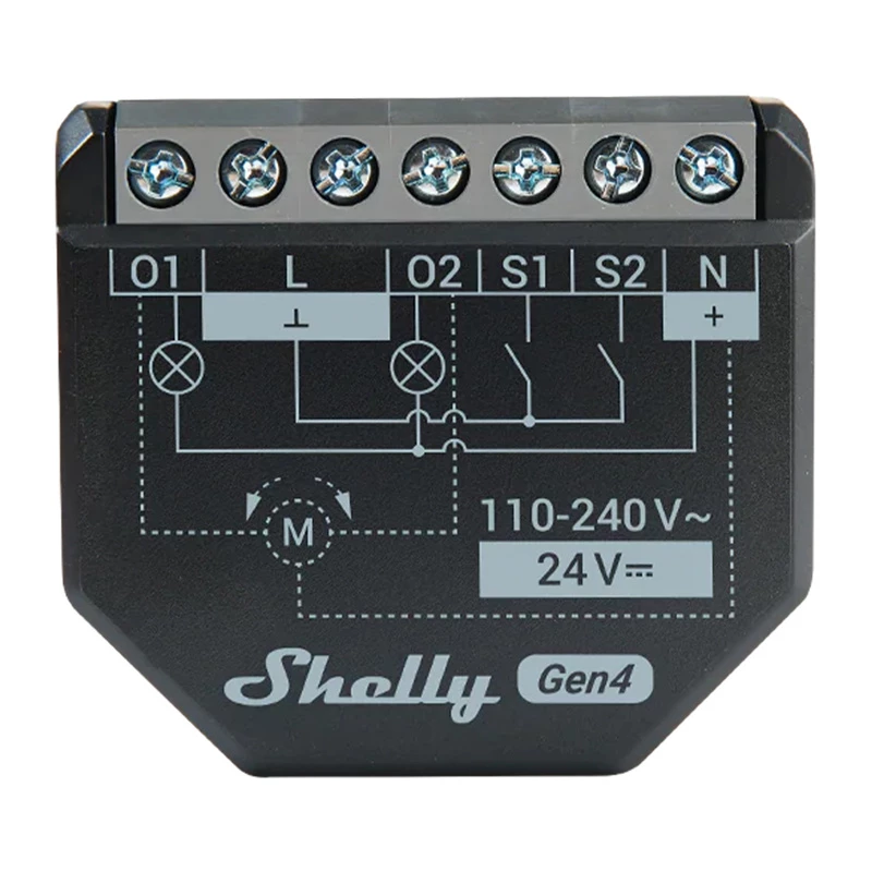 Shelly 2PM Gen4 blind/shutter actuator 2 channels, AC 110–240V, 2.4 GHz Wi‑Fi, 1.4 W, 8000 KB flash