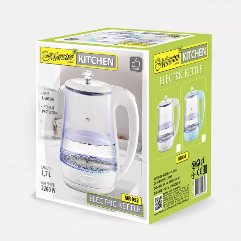 Electric kettle Maestro MR 052 BL — 1.7 L, 2200 W, translucent white, 360° base, concealed element