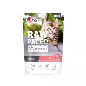 Wet kitten food VETEXPERT Raw Paleo Kitten Pork 100 g — grain‑free complete feed for junior cats