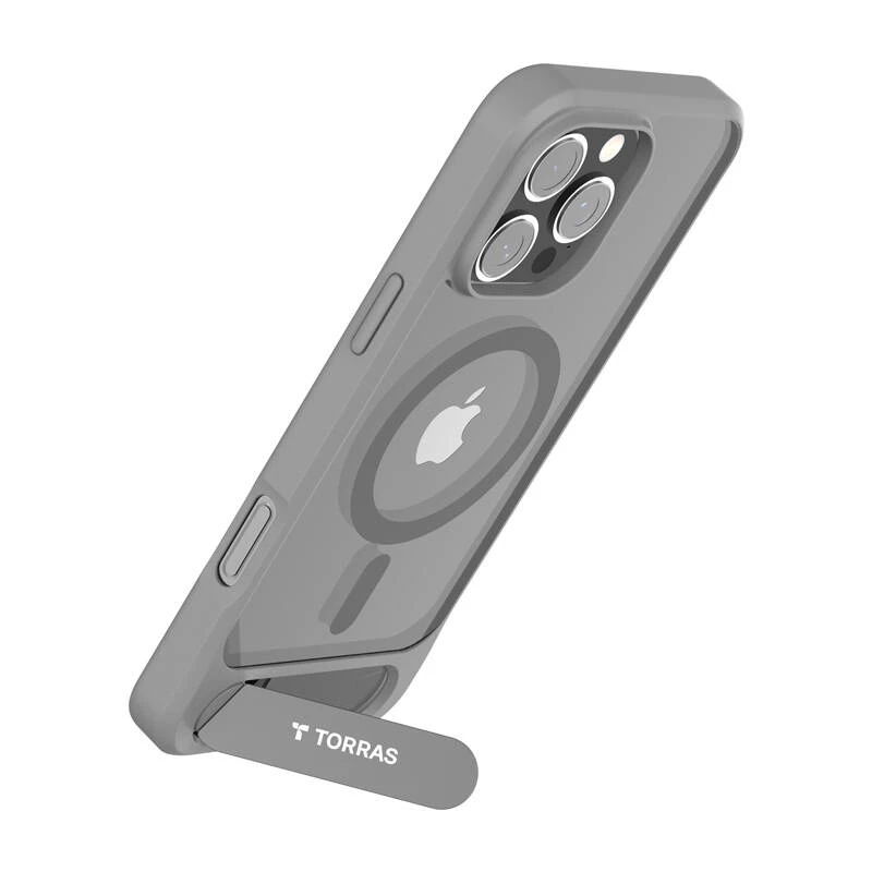Protective phone case Torras Pstand Series for iPhone 16 Pro Max, gray, slim profile with integrated stand