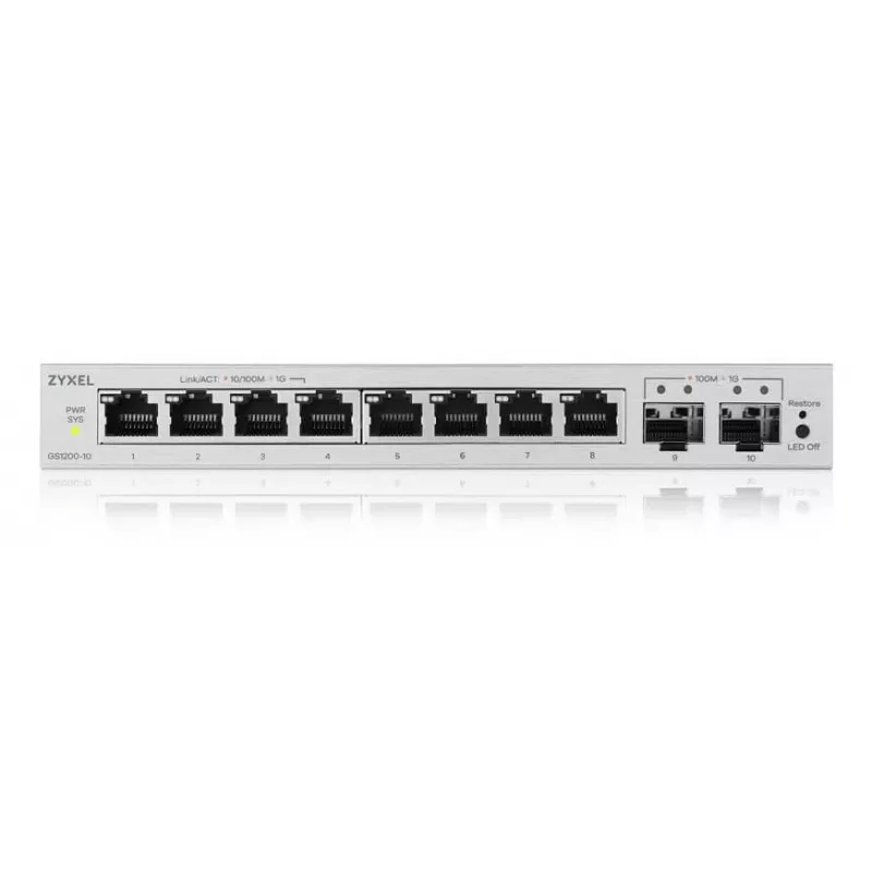 Managed L2 Gigabit Switch Zyxel GS1200-10v3 — 8x Gigabit (10/100/1000), 20 Gbps, MAC 4000, desktop, grey
