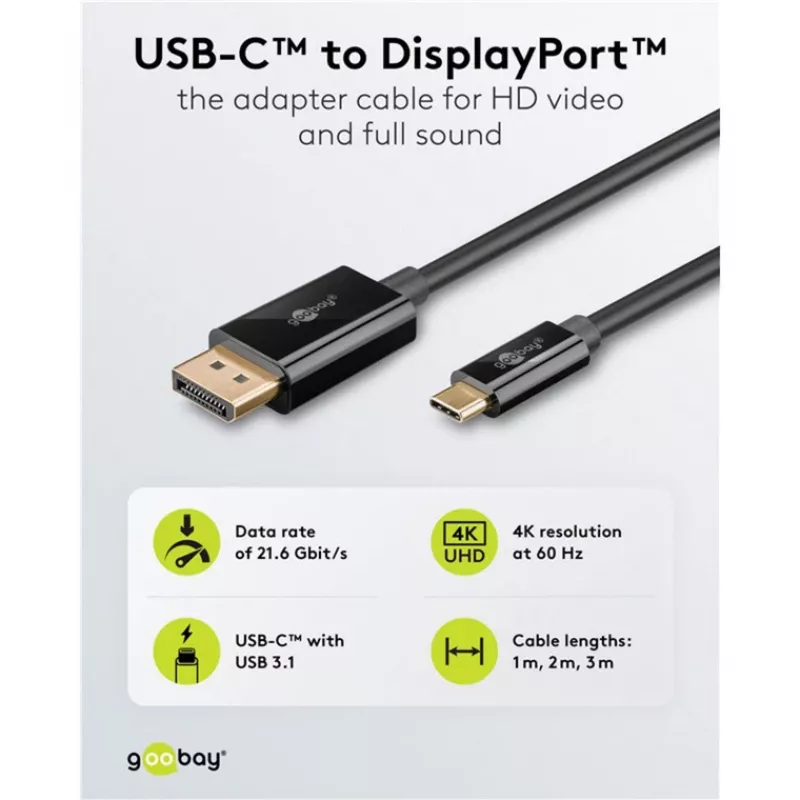 Goobay USB C to DisplayPort Cable - Gold-Plated Connectors, Ultra HD Resolutions up to 4k @ 60Hz Type C Thunderbolt 3/4 to DP Adapter Compatible with