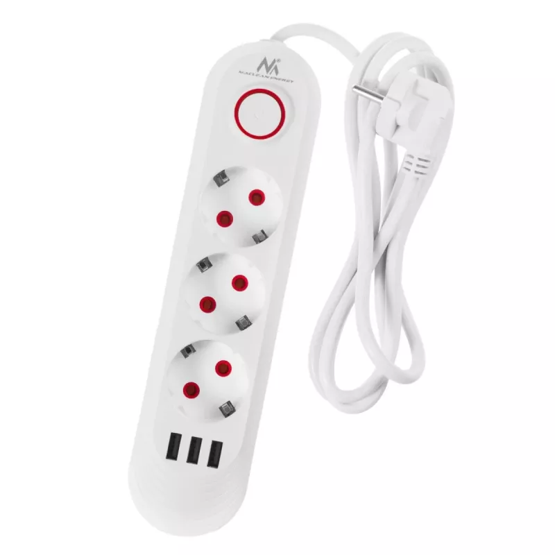 Power strip MACLEAN MCE394W — 3 sockets, 3×USB 2.1A, 110–240V AC, 2500W, 1.5 m cable, white