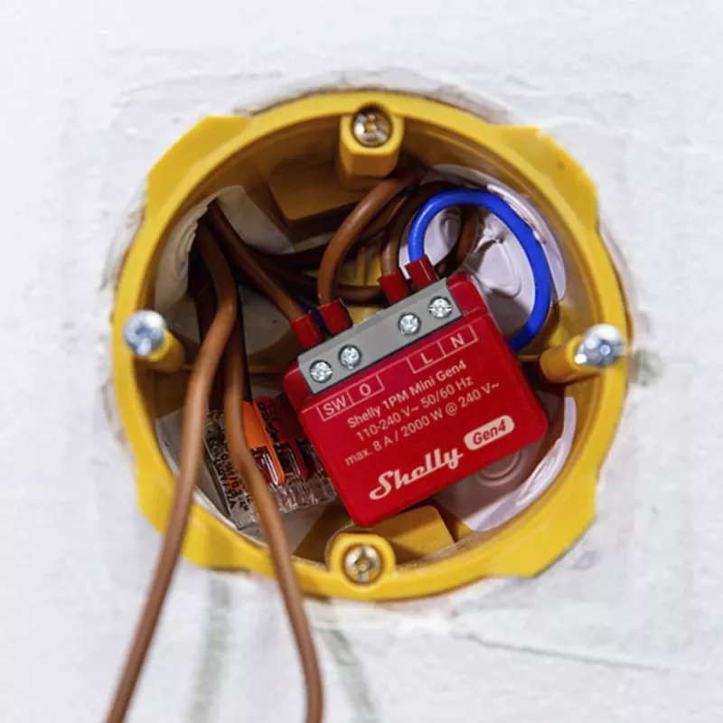 Smart switch Shelly 1PM Mini Gen4, wireless 110–240V AC, max 8A / 2000W, plastic housing 34×16×29 mm