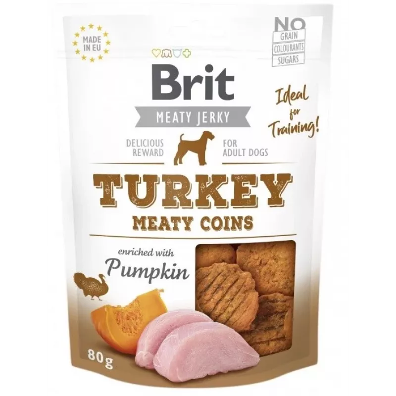Dog Treats Brit Jerky Turkey Meaty Coins 200 g — functional training snack for adult dogs, protein 33%, fat 22%