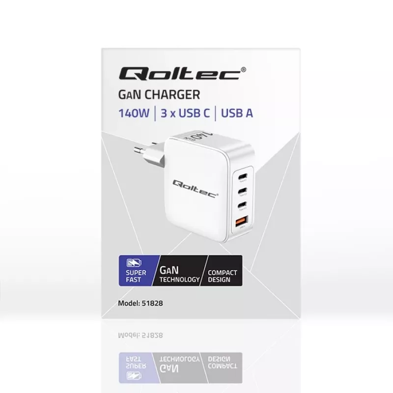 Charger QOLTEC 51828 140W GaN 3×USB‑C PD + 1×USB‑A QC 3.0 – multiport fast charger