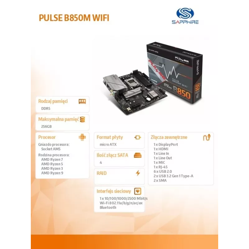 Motherboard Sapphire PULSE B850M WIFI — AMD B850 micro ATX, Socket AM5, DDR5 up to 7600 MHz, 4 DIMM, 192 GB, Wi‑Fi 6, 2.5GbE