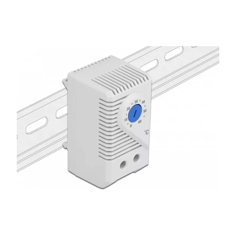 Thermostat DELOCK 66823, plastic housing IP20, 30 W, 250 V, 10 A, 43×60×33 mm, blue/grey