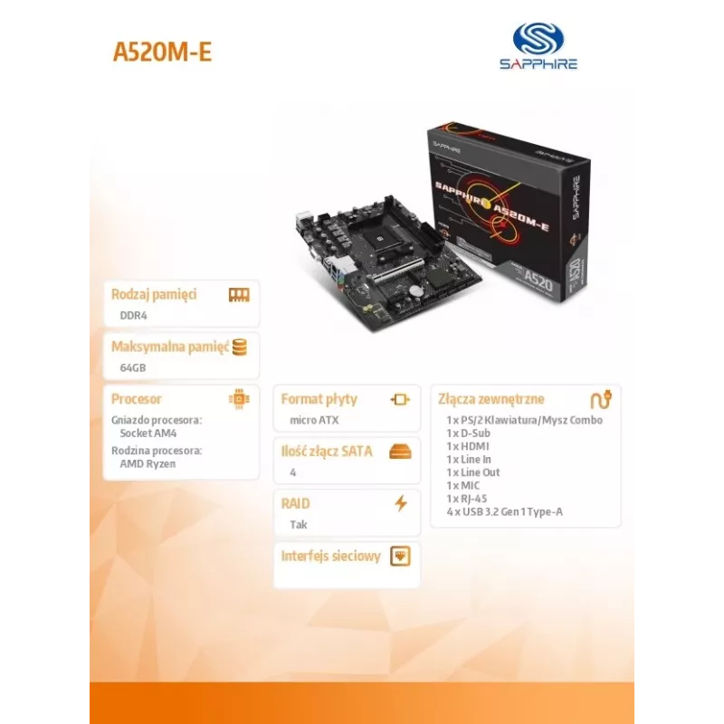 Micro ATX motherboard Sapphire A520M-E for Socket AM4, AMD A520 chipset, 2x DDR4 DIMM, max 64 GB, PCIe 3.0 x16/x1, SATA III, Gigabit LAN
