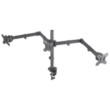 Manhattan Triple Desk Mount for TV & Monitors, For screens: 10 inch to 27 inch, Clamp Assembly, VESA compatibility: 75x75 and 100x100mm - check the dimensions of the four mounting holes on back of screen to ensure it fits, Max 7kg (each), Black, Bracket, Lifetime Warranty