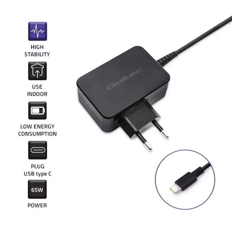 Mobile device charger QOLTEC 51024 — Universal AC indoor charger, 65W PD, 20V/3.25A, 1.2m cable, Black