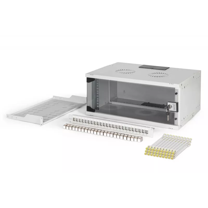DIGITUS SOHO Pro 4U Wall-Mount Network Set, 19 inch 540x400mm, Light Grey, Includes Cat.6 Patch Panel, Shelf, Power Strip