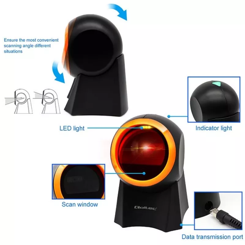 Wired desktop barcode scanner QOLTEC 50857 — 1D/2D, USB, ABS housing, black, 1.75 m cable
