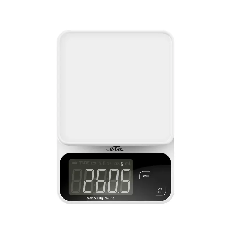 Electronic kitchen scale ETA POPI White — max 5 kg, accuracy 1 g, LCD display, AAA batteries