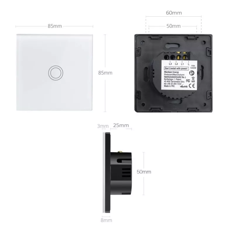 Touch light switch MACLEAN MCE702W — single round glass button, wired, 110–240V, 2A, 1000W, white