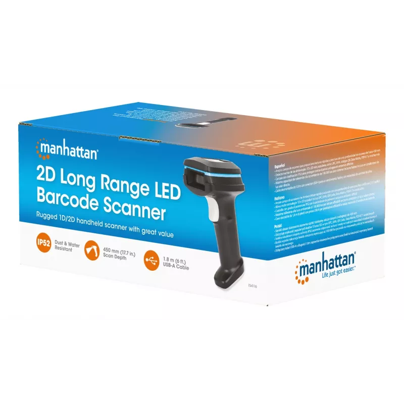 Manhattan 2D Long Range LED Barcode Scanner, USB, 450mm Scan Depth, Max Ambient Light 100,000 lux (sunlight), Supports symbologies - 1D (x21 versions) and 2D (x10 versions), Scanner RJ45 to USB 1.8m cable (most popular type, which is USB-A), Black, 3 Year Warranty