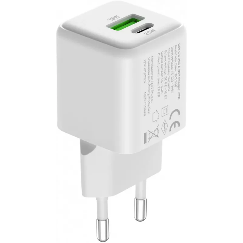 USB C/A mains charger YENKEE YAC G38 20W 3A Power Delivery (USB‑C and USB‑A)