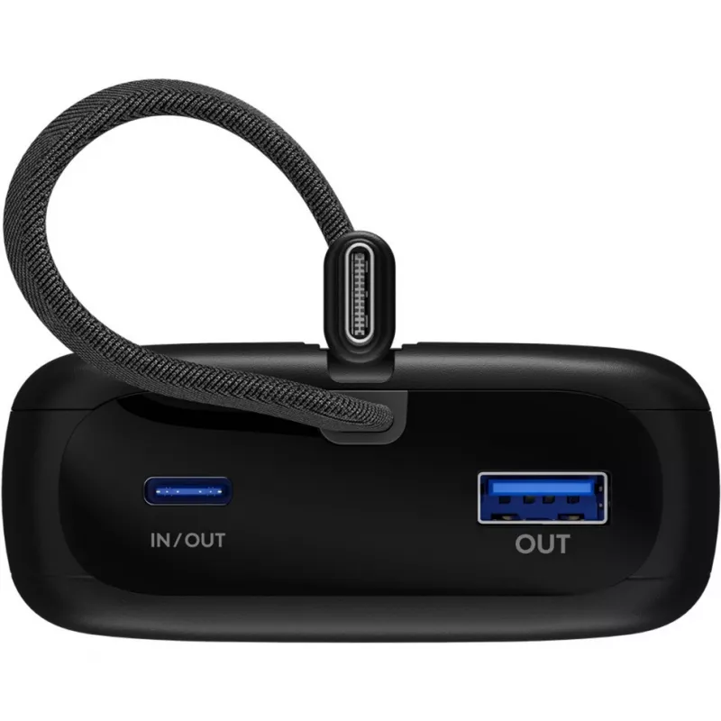 Powerbank 20.000 mAh, integrated USB-C cable 13cm, 30 Watt (black, 20 Ah, 1x USB-A, 2x USB-C, PD, QC)