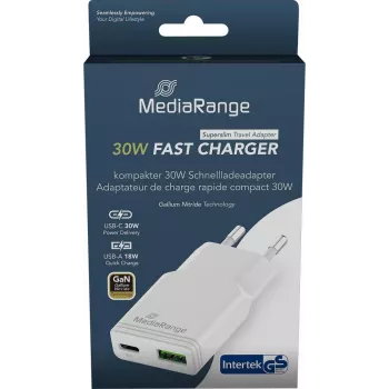Charger MediaRange MRMA125 30W 2-Port (1x USB-A, 1x USB-C, GaN) white
