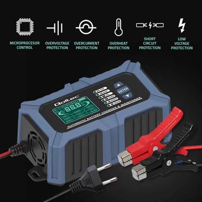 Qoltec Smart Microprocessor Battery Charger with Battery Tester and 12V Repair Function | 6A | LCD | Battery charger for AGM LiFePO4 GEL battery