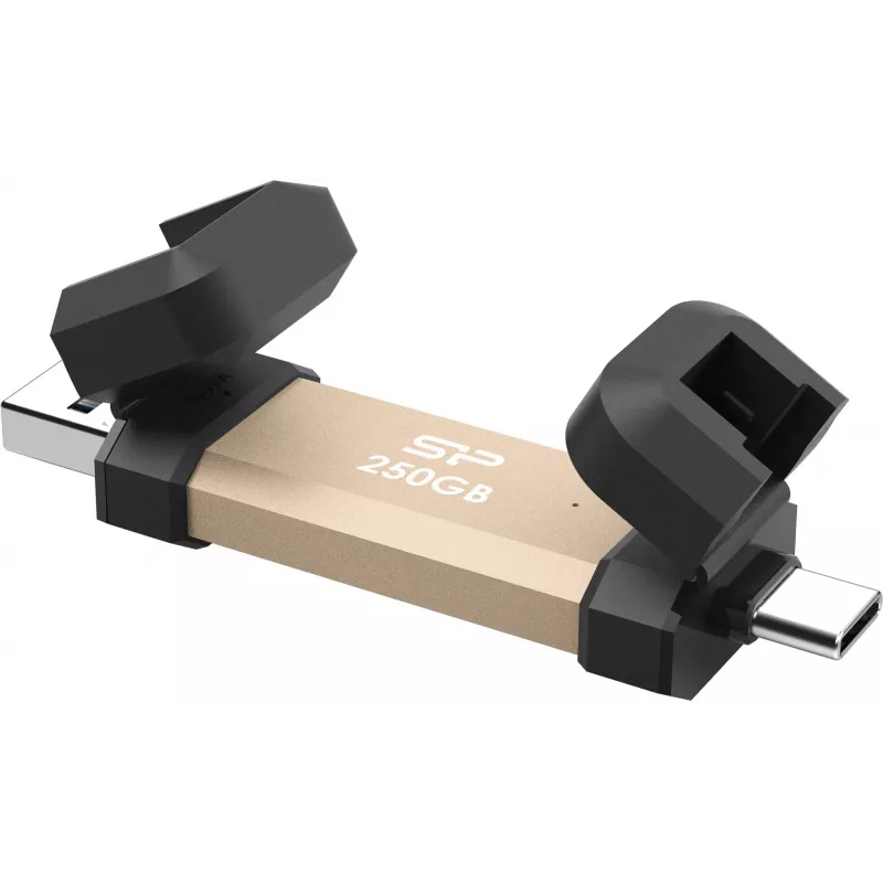 USB flash drive Silicon Power DS72 250 GB, USB 3.2 Gen 2 Type-A / Type-C, aluminium/rubber cap, gold