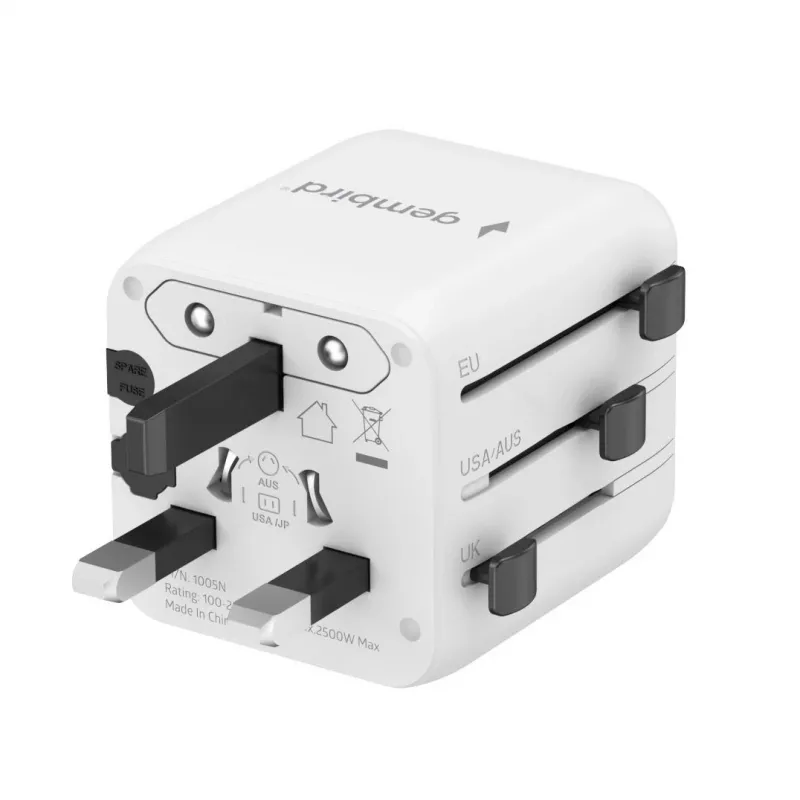 Universal travel power adapter GEMBIRD TPA-INT-01-W — input 100–250V, Type G plug, compact dimensions 84×56×85 mm
