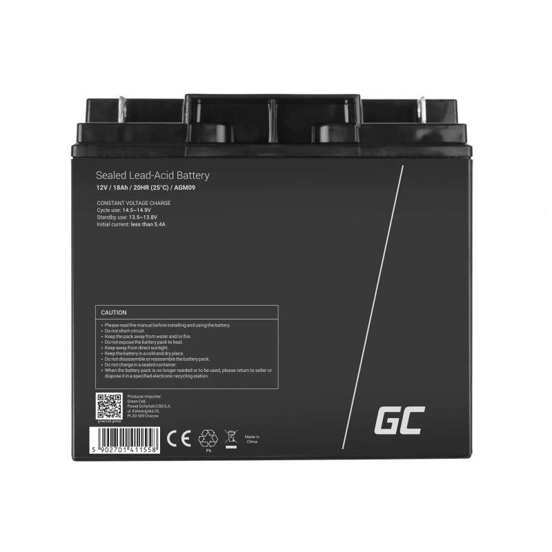 Rechargeable Sealed Lead Acid Battery Green Cell AGM09 12 V 18000 mAh, Black, 167×77×181 mm, 4.8 kg
