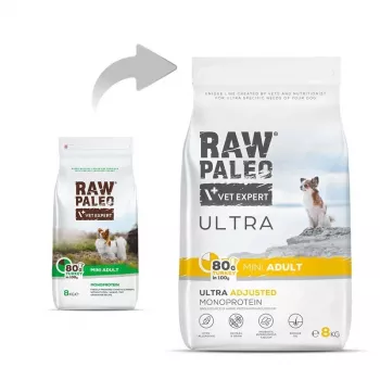 Dry dog food VETEXPERT RAW PALEO Ultra Mini Adult Turkey 8 kg — complete kibble for adult small-breed dogs, 24.5% protein, 14% fat