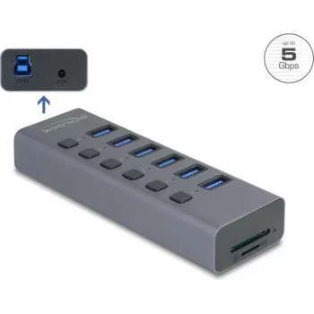 USB 3.0 external 6-port hub DELOCK 64237 with individual switches and SD/MicroSD card slot