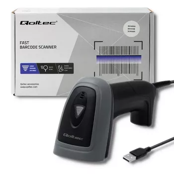 Handheld barcode reader QOLTEC 50863 — 1D/2D scanner, USB wired, LED sensor, black, 5V, 1.8 m cable