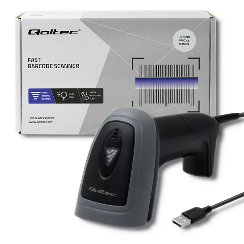 Handheld barcode reader QOLTEC 50863 — 1D/2D scanner, USB wired, LED sensor, black, 5V, 1.8 m cable