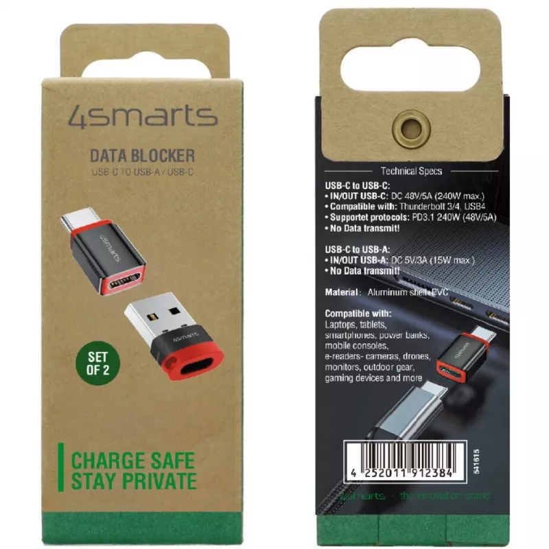 Interface adapter 4smarts 541615 — USB Type-A (host) to USB Type-C (output), black, straight male-to-female, pack of 2