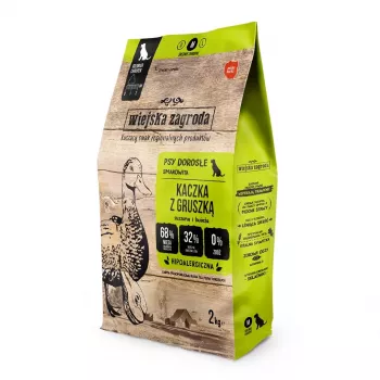 Dry dog food wiejskazagroda Duck with Pear 2 kg — complete kibble for adult dogs, 32% protein, 21% fat