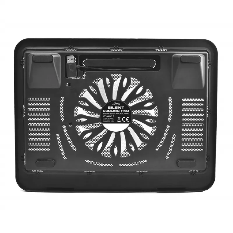 Cooling pad MEDIA-TECH MT2660 — USB-powered laptop cooler, 1 fan 13.5 cm, 20 CFM, 1000 RPM, 330×250×40 mm, 327 g, backlight