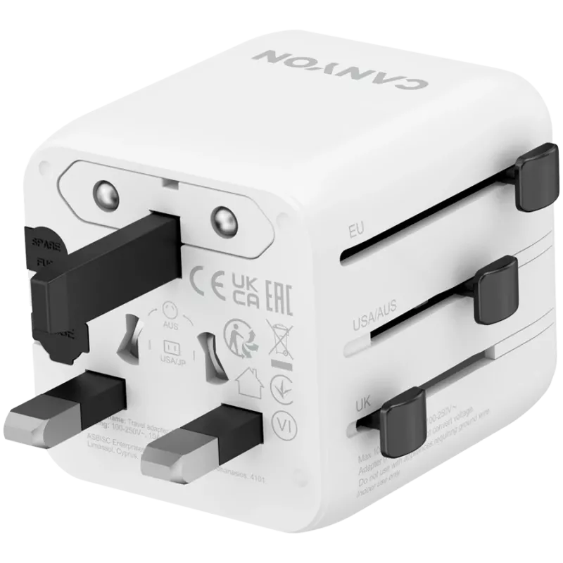 Travel adapter CANYON OnTour One EU UK US AUS White (CNS-TA1005W) - universal plug conversion for EU/UK/US/AUS