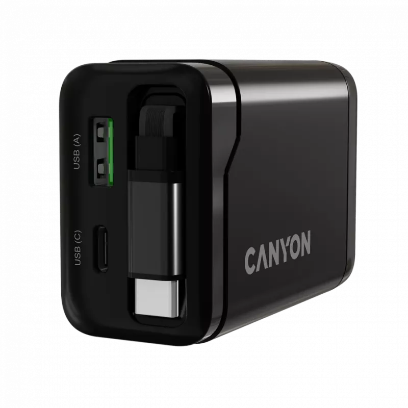 Charger CANYON OnCharge 65RC with built-in USB-C cable, 65W, 1x PD, 1x QC, EU plug, Black