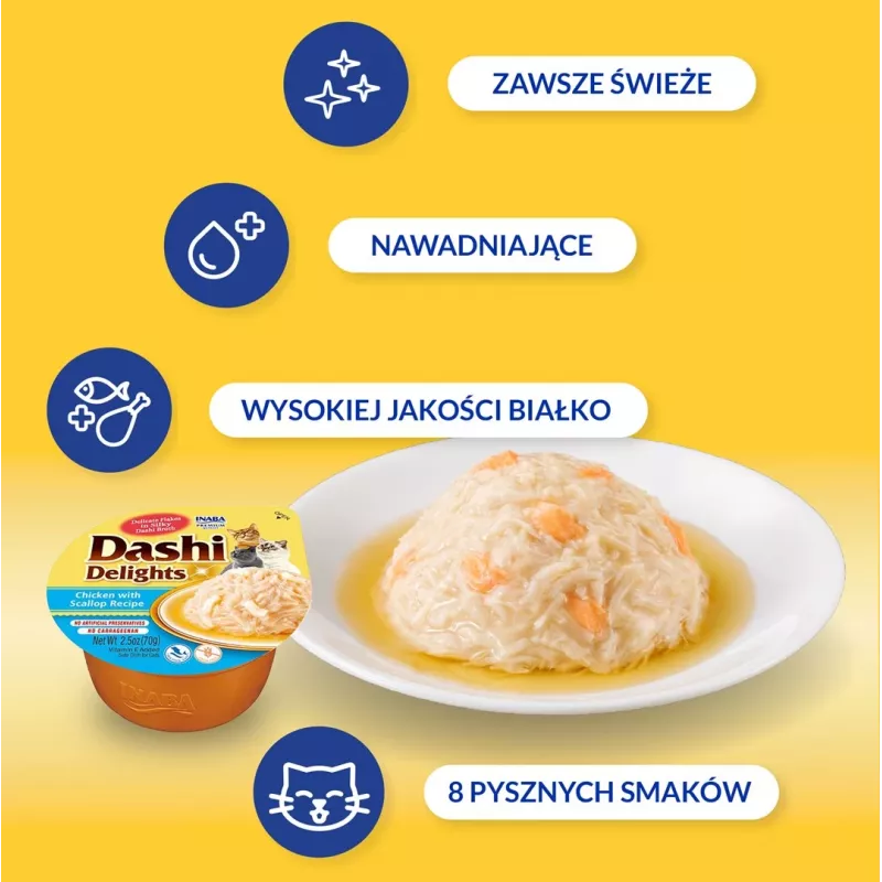 Cat treat INABA Dashi Delights chicken, tuna & scallop bouillon 70 g — wet cat treat, 88% moisture, 11% protein