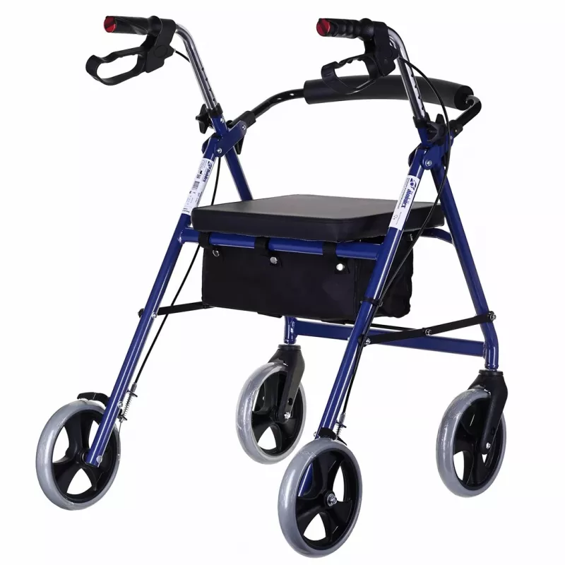 Four-wheel rollator walker with seat, blue/black