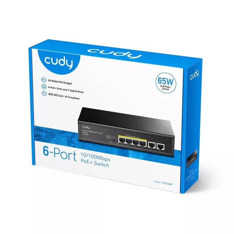 Network switch Cudy FS1006P Fast Ethernet 6-port (4 PoE, 1 PoE+) 10/100 Mbps, 1.2 Gbit/s bandwidth, metal housing, rack/wall mount