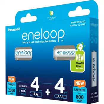 Rechargeable batteries Panasonic Eneloop AA 2000 mAh (4 pcs) and AAA 800 mAh (4 pcs), Ni‑MH, 1.2V, 8 pcs
