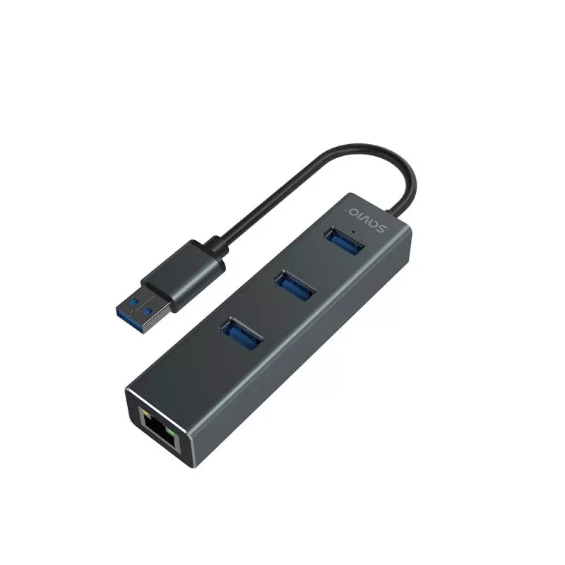 SAVIO USB-A hub with RJ-45 Gigabit Ethernet AK-57 — 3× USB-A + RJ-45, USB 3.2 Gen 1 Micro‑B host, 5 Gbit/s, 4 ports, grey