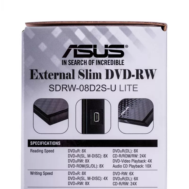 External DVD±RW optical drive ASUS SDRW-08D2S-U Lite, USB 2.0, black, 24x CD / 8x DVD, 142×142×20 mm
