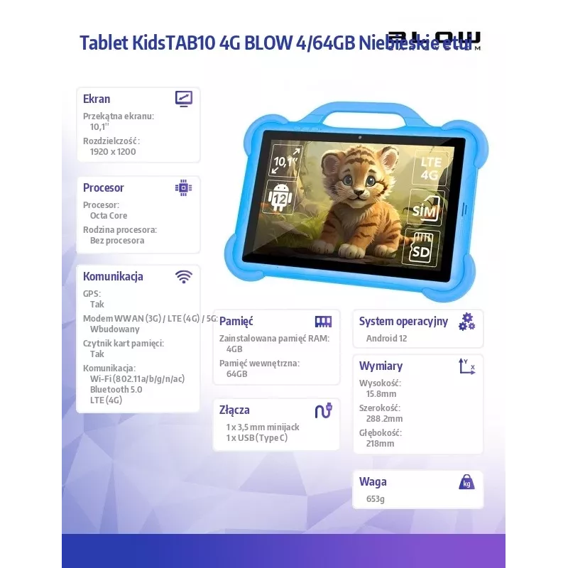Tablet BLOW KidsTAB10 10.1 inch Full-size tablet, 10.1 inch IPS 1200x1920, Android 12, 4GB RAM, 64GB eMCP, 4G (MicroSIM), 6000 mAh, Astral Blue