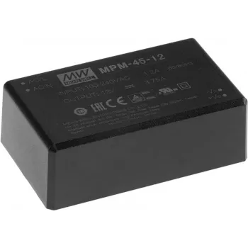 Power adapter Mean Well MPM-45-5, indoor 45 W, input 80–264 V, black, 52×87×29.5 mm