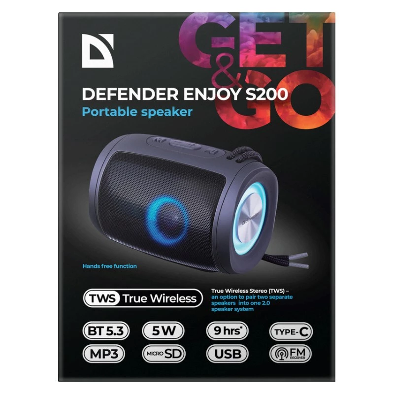 Portable Bluetooth speaker DEFENDER Ejoy S200 TWS 2.0, 5W, Bluetooth 5.3, LED, 10 h battery, built-in mic